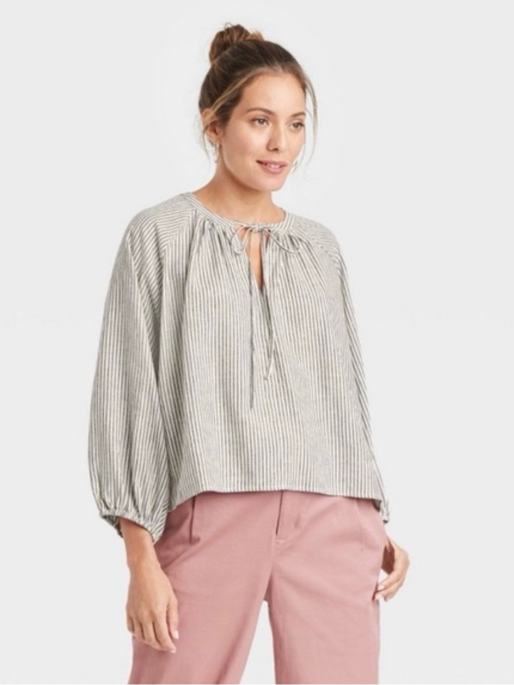 a new day Striped Tie-Neck Peasant Blouse - Gray/White